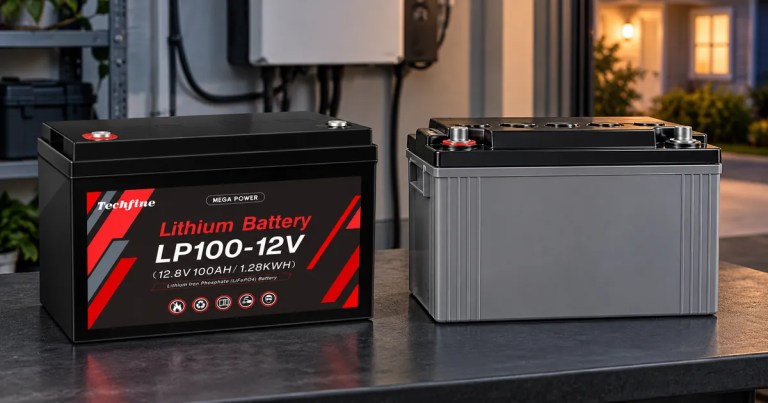 Techfine LiFePO4 battery beside a lead-acid battery in a home backup power setting.
